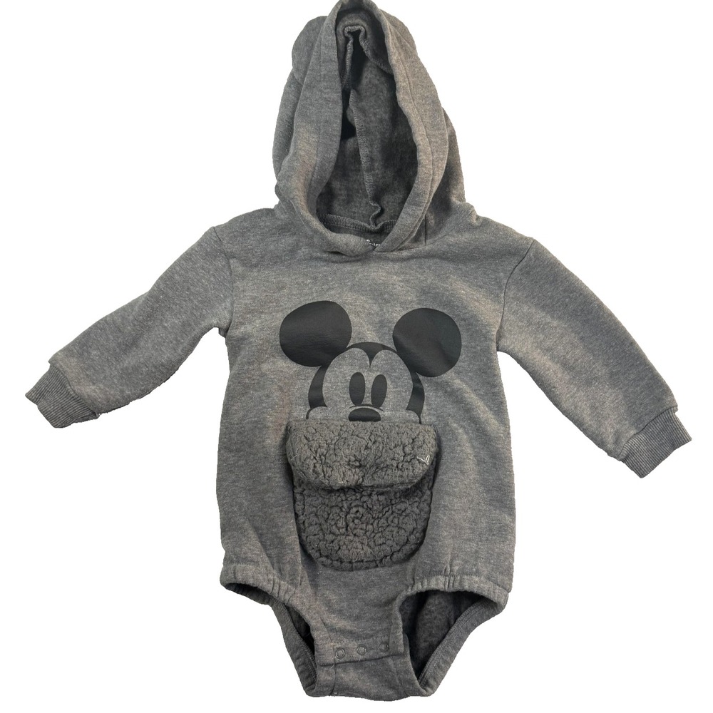 Disney Baby Romper Boys 12-18mos  Gray Fleece Hooded Mickey Mouse Ears Kidcore
